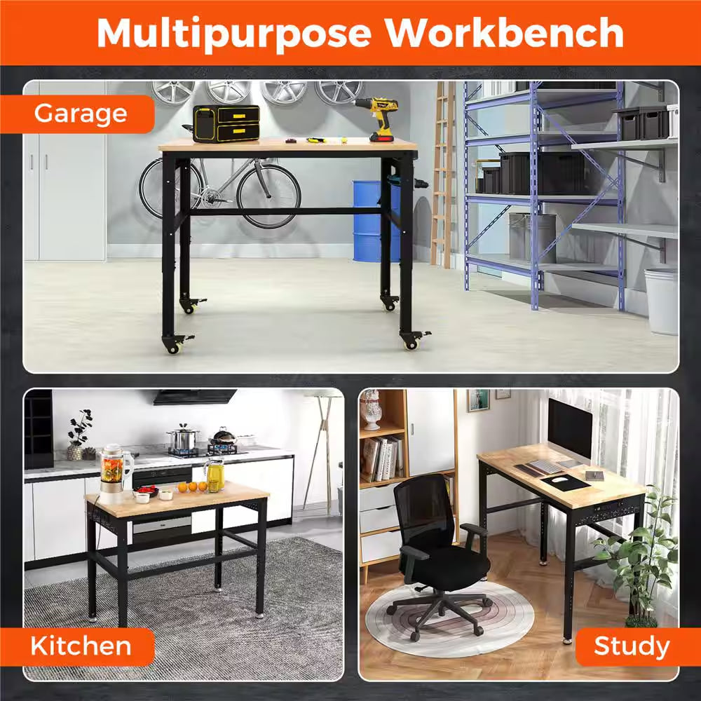 48 In. W X 24 In. D Adjustable Workbench with Solid Oak Wood Top