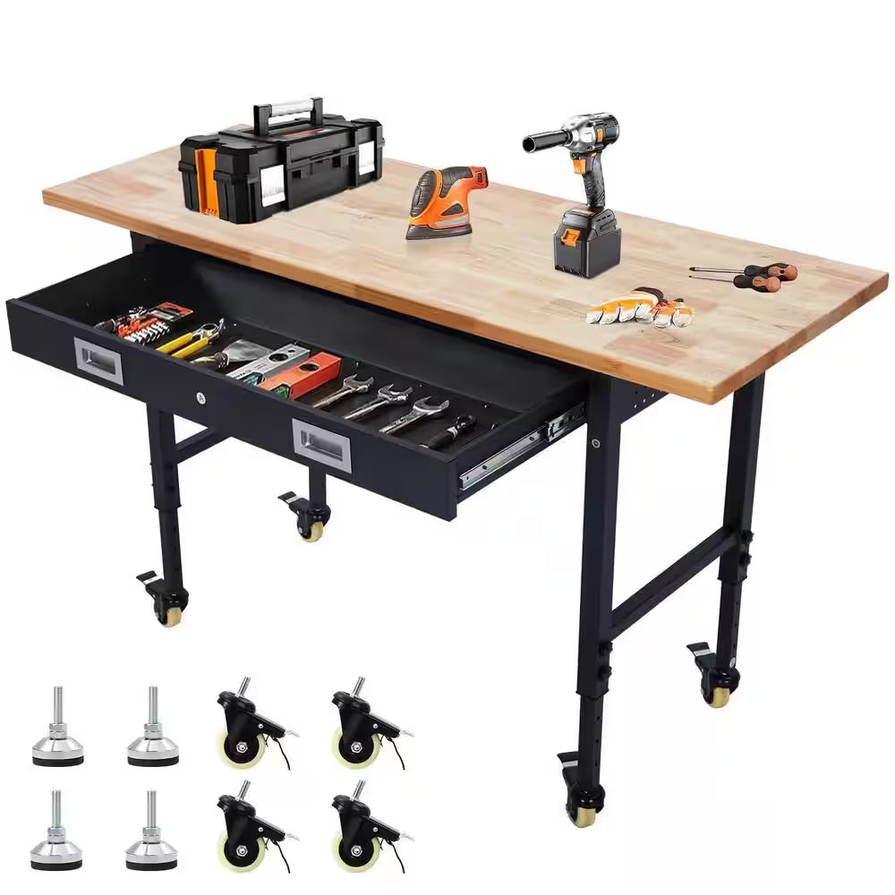 60 In. X 22 In. Workbench Drawer Storage, Adjustable Height Worktable for Garage, Rubber Wood Top Heavy Duty Workbench