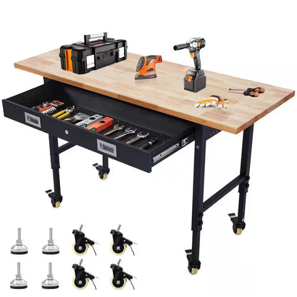60 In. X 22 In. Workbench Drawer Storage, Adjustable Height Worktable for Garage, Rubber Wood Top Heavy Duty Workbench