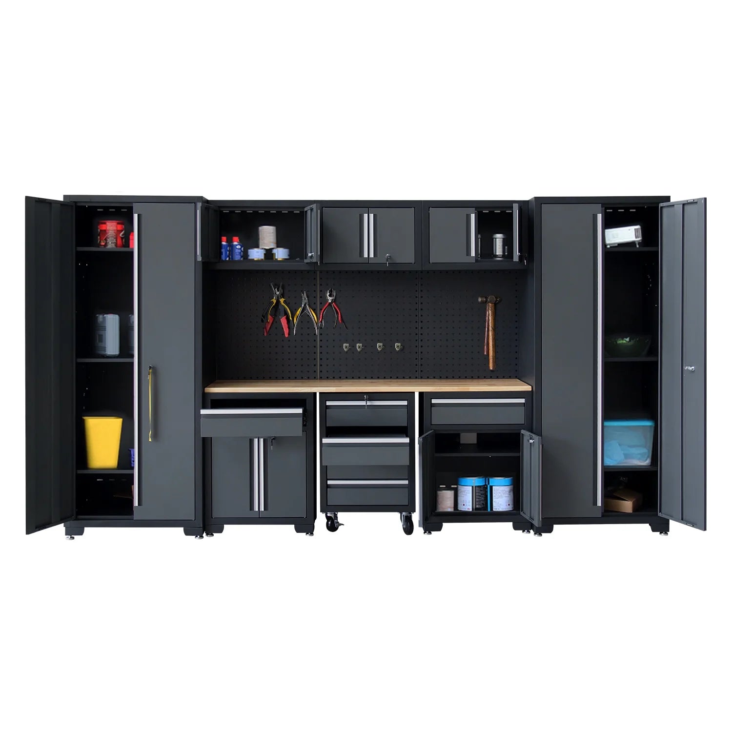 9-Piece Garage Shop Tool Storage Cabinet Set with Pegboard and Wooden Work Top 24 Gauge Steel Tool Chests & Garage Mounted Storage Systems - Black+Gray
