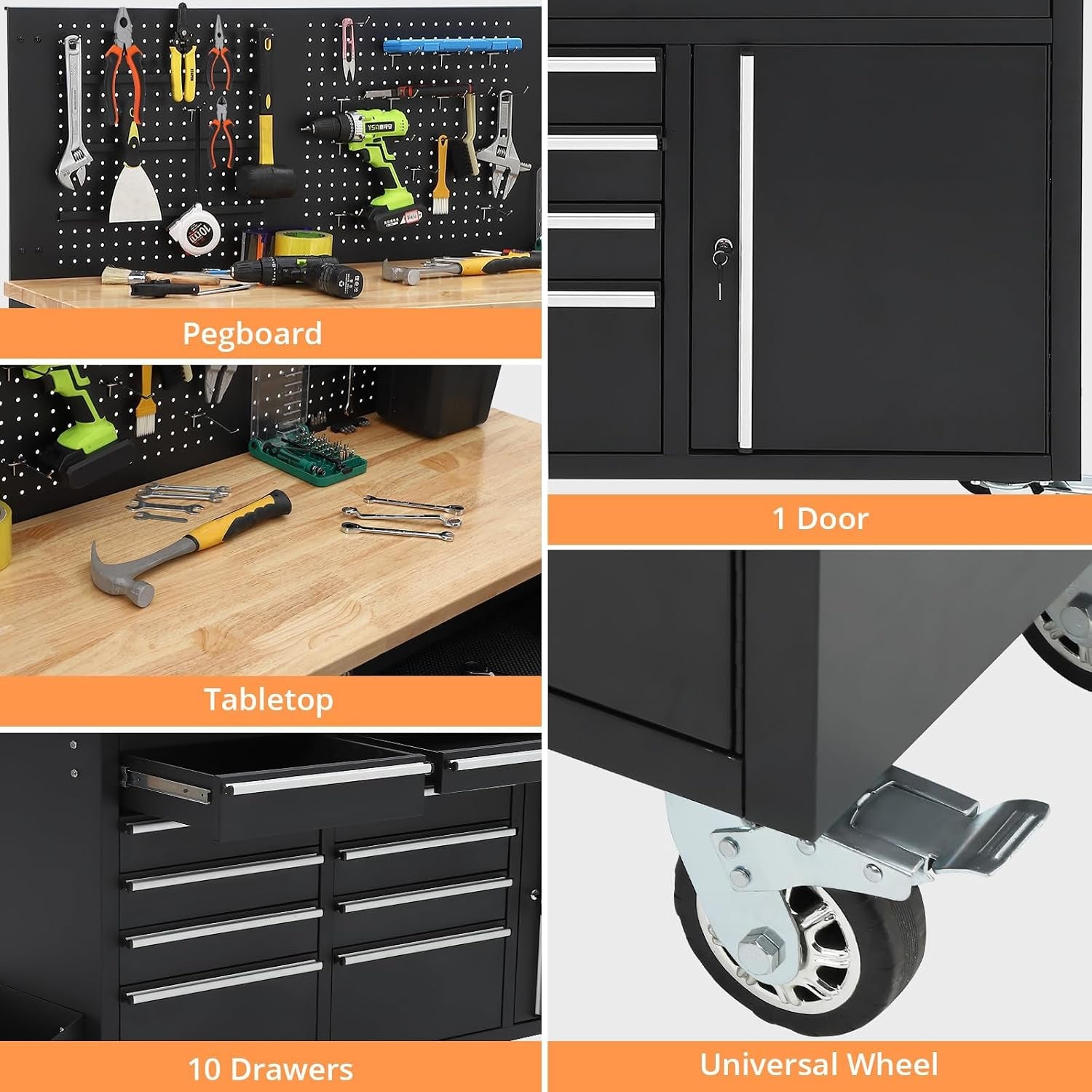 61-Inch Heavy Duty Rolling Tool Chest with 10 Drawers and Solid Rubber Wood Top Mobile Workstation, 1675 LBS Load, Includes Power Strip, Locking System for Garage Warehouse Repair Shop