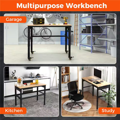 48 In. W X 24 In. D Adjustable Workbench with Solid Oak Wood Top