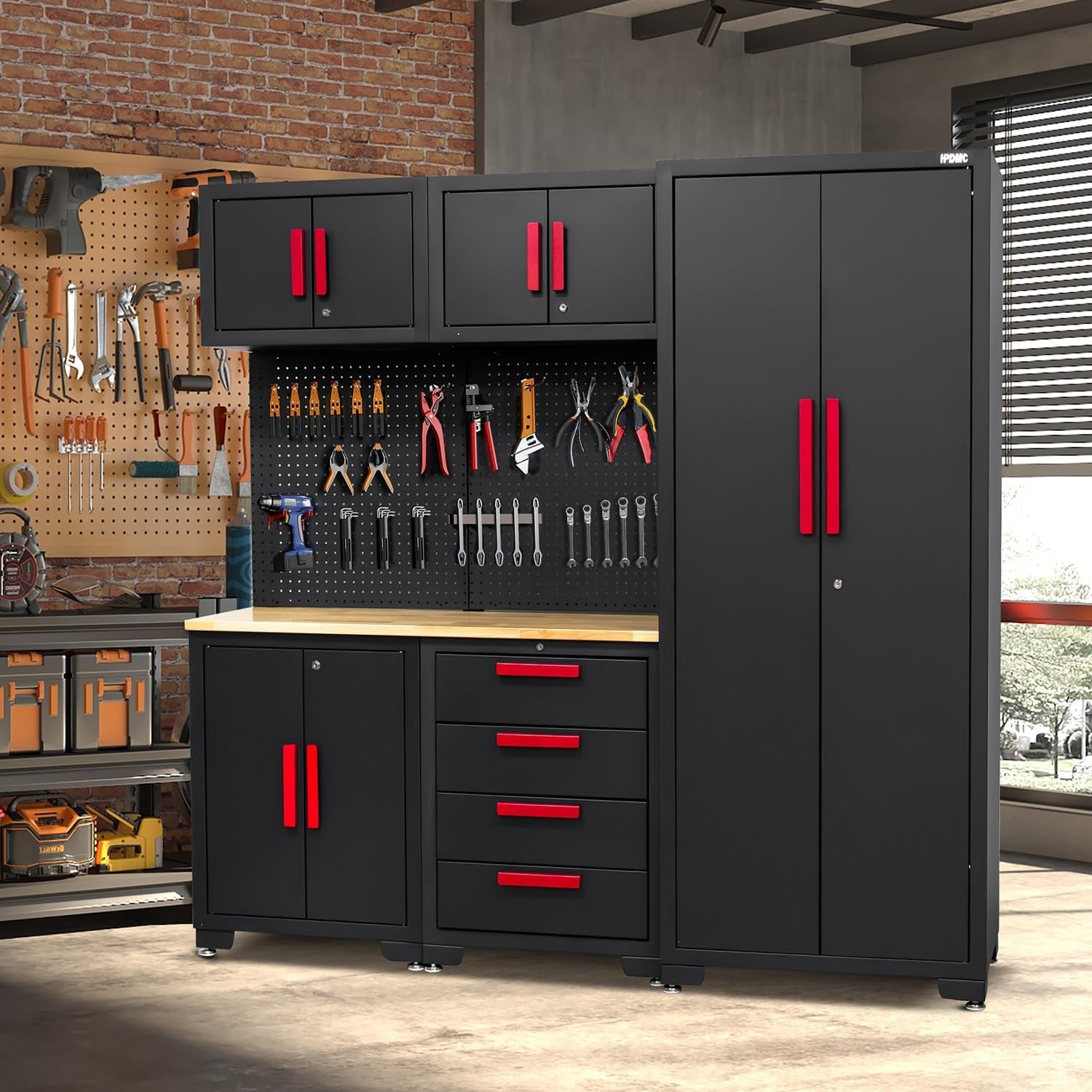 Garage Storage Cabinet System - 2 * 6-Pcs Workshop Set | with Steel Cabinet Drawers, Tool Chest, Workbench, Pegboard for Tool Organization