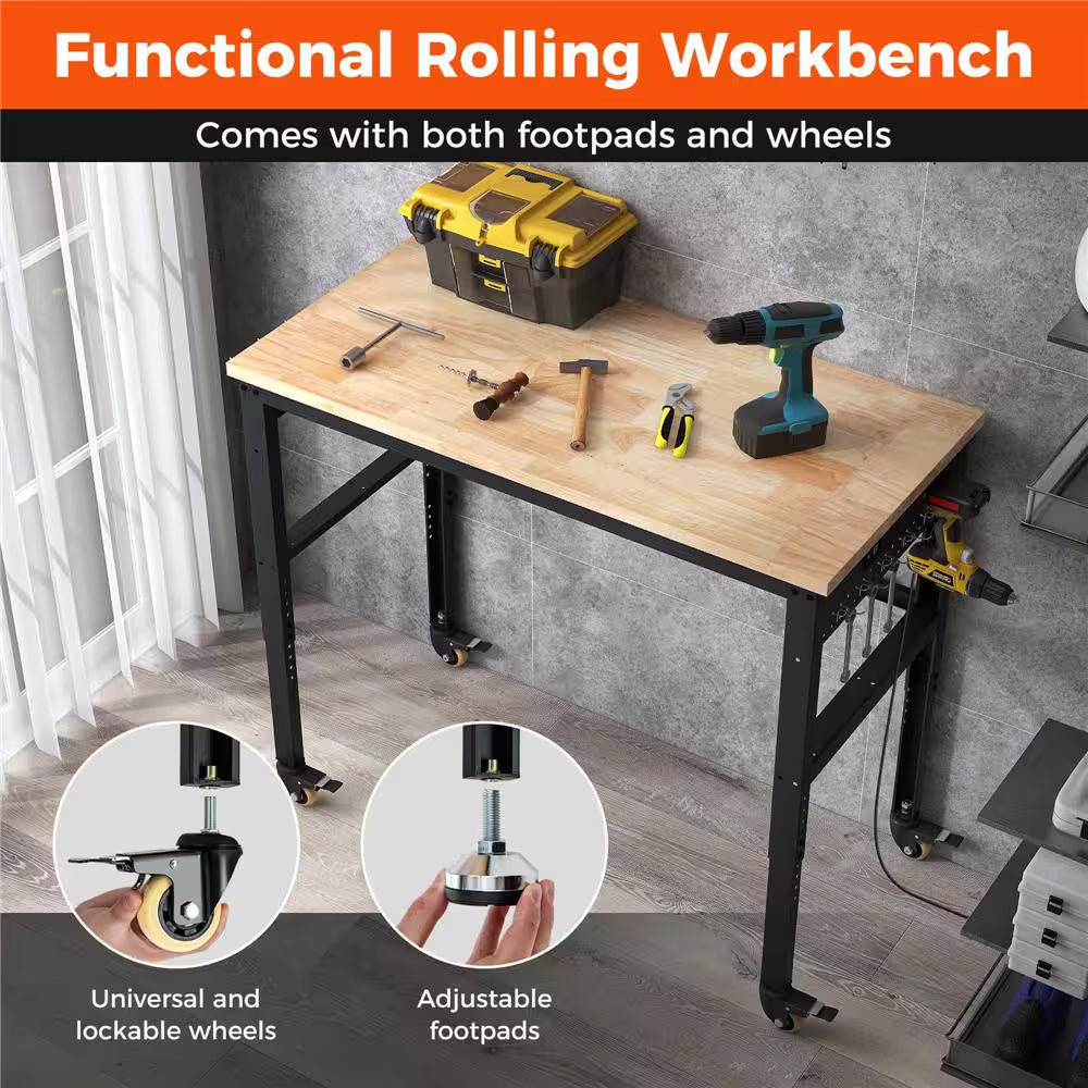 48 In. W X 24 In. D Adjustable Workbench with Solid Oak Wood Top