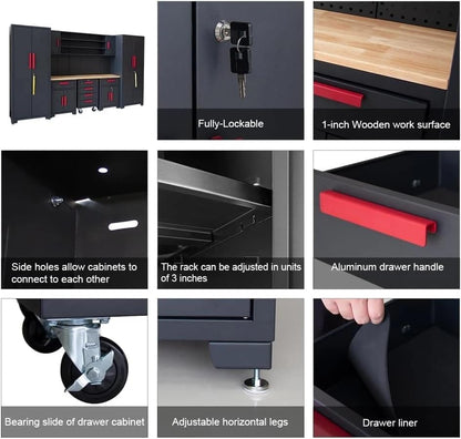 Garage Storage Cabinet System - 2 * 6-Pcs Workshop Set | with Steel Cabinet Drawers, Tool Chest, Workbench, Pegboard for Tool Organization