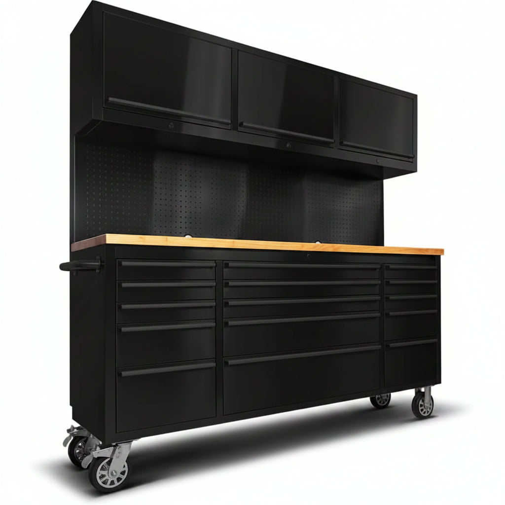 72 Inch 15 Drawers Tool Chest with 3 up Cabinet & Pegboard, Rolling Tool Cabinet with Drawers (Black)