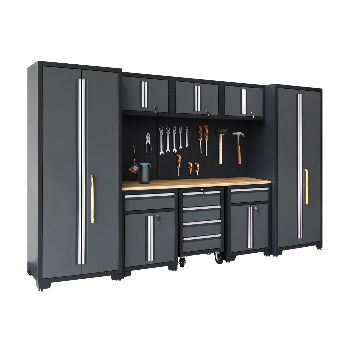 9-Piece Garage Shop Tool Storage Cabinet Set with Pegboard and Wooden Work Top 24 Gauge Steel Tool Chests & Garage Mounted Storage Systems - Black+Gray