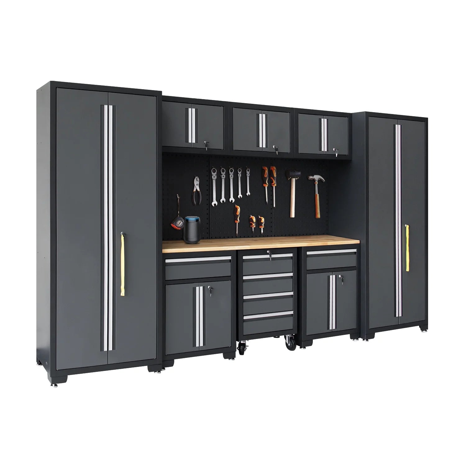 9-Piece Garage Shop Tool Storage Cabinet Set with Pegboard and Wooden Work Top 24 Gauge Steel Tool Chests & Garage Mounted Storage Systems - Black+Gray