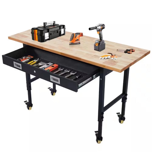 60 In. X 22 In. Workbench Drawer Storage, Adjustable Height Worktable for Garage, Rubber Wood Top Heavy Duty Workbench
