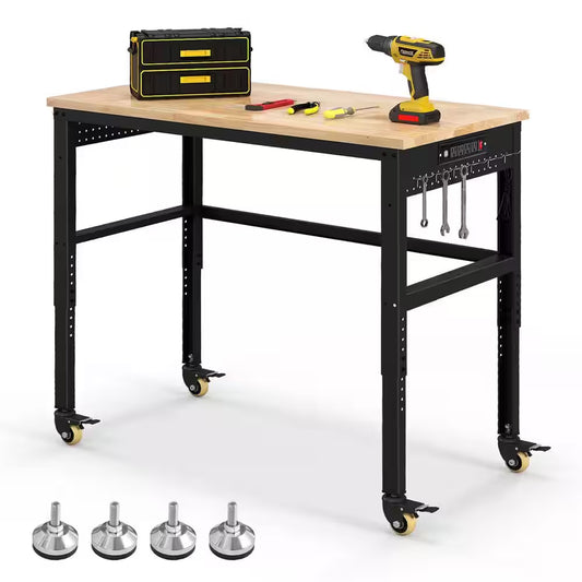 48 In. W X 24 In. D Adjustable Workbench with Solid Oak Wood Top