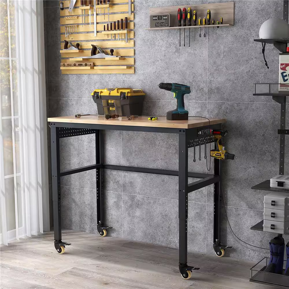 48 In. W X 24 In. D Adjustable Workbench with Solid Oak Wood Top