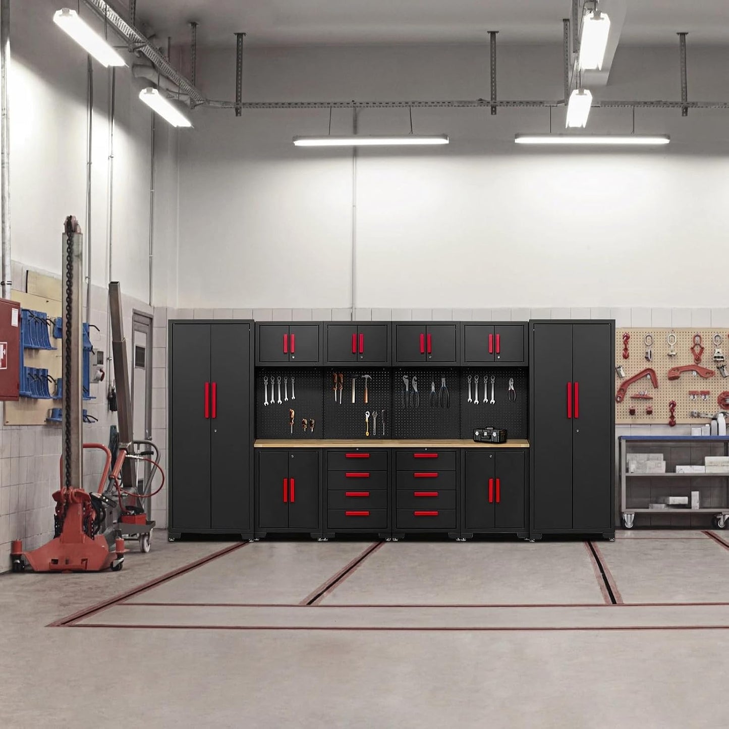 Garage Storage Cabinet System - 2 * 6-Pcs Workshop Set | with Steel Cabinet Drawers, Tool Chest, Workbench, Pegboard for Tool Organization