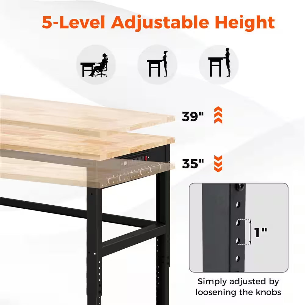 48 In. W X 24 In. D Adjustable Workbench with Solid Oak Wood Top