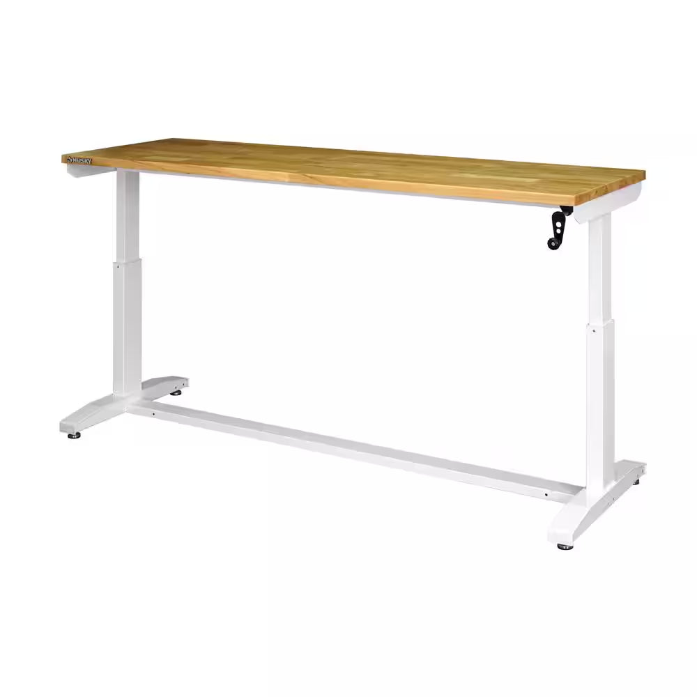 72 In. W X 24 In. D Adjustable Height White Workbench with Solid Wood Top