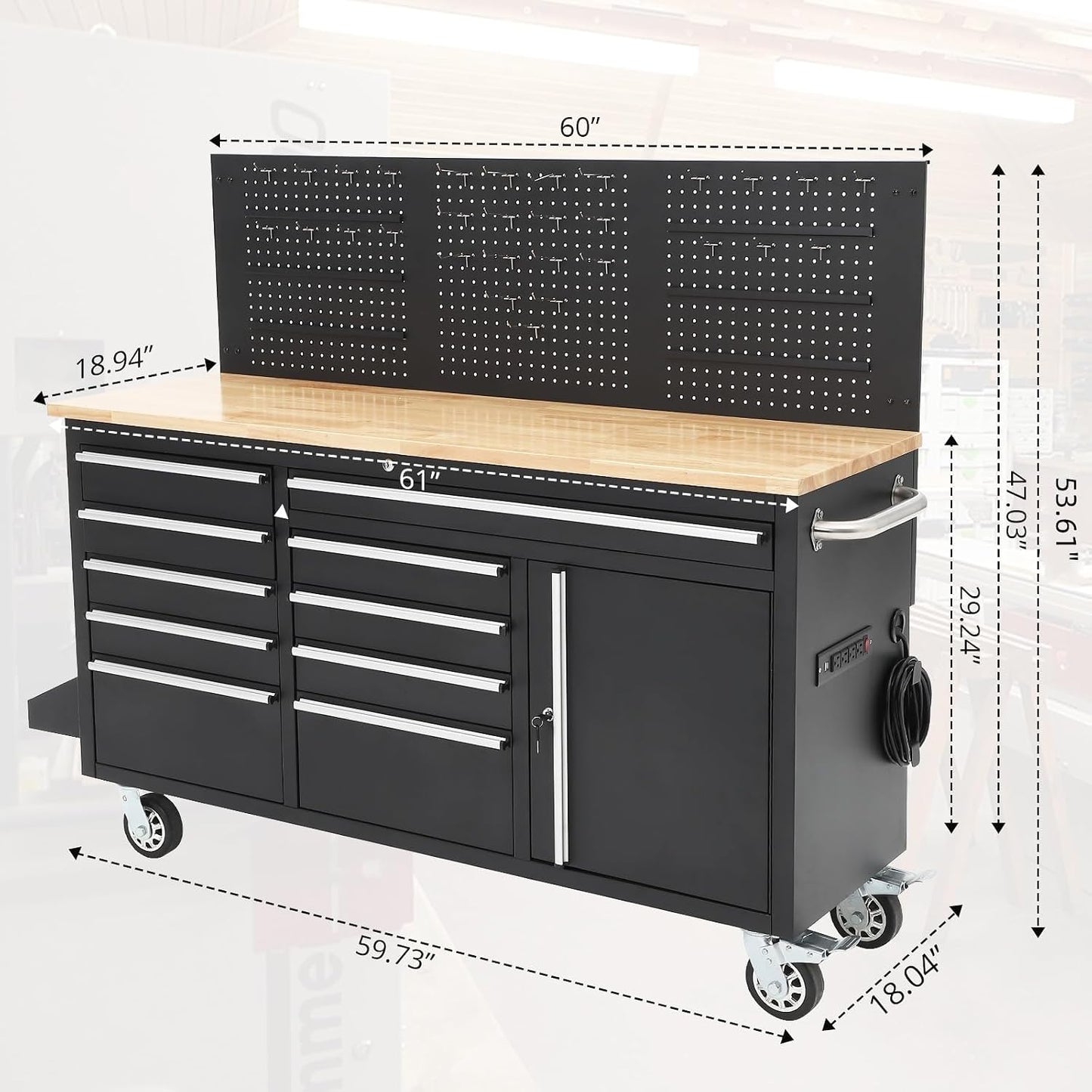 61-Inch Heavy Duty Rolling Tool Chest with 10 Drawers and Solid Rubber Wood Top Mobile Workstation, 1675 LBS Load, Includes Power Strip, Locking System for Garage Warehouse Repair Shop