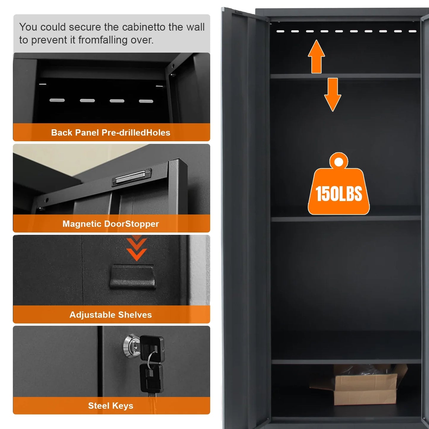 9-Piece Garage Shop Tool Storage Cabinet Set with Pegboard and Wooden Work Top 24 Gauge Steel Tool Chests & Garage Mounted Storage Systems - Black+Gray