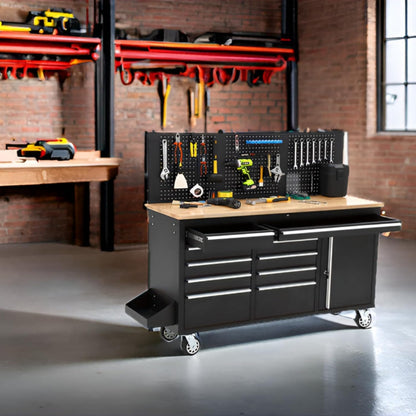 61-Inch Heavy Duty Rolling Tool Chest with 10 Drawers and Solid Rubber Wood Top Mobile Workstation, 1675 LBS Load, Includes Power Strip, Locking System for Garage Warehouse Repair Shop