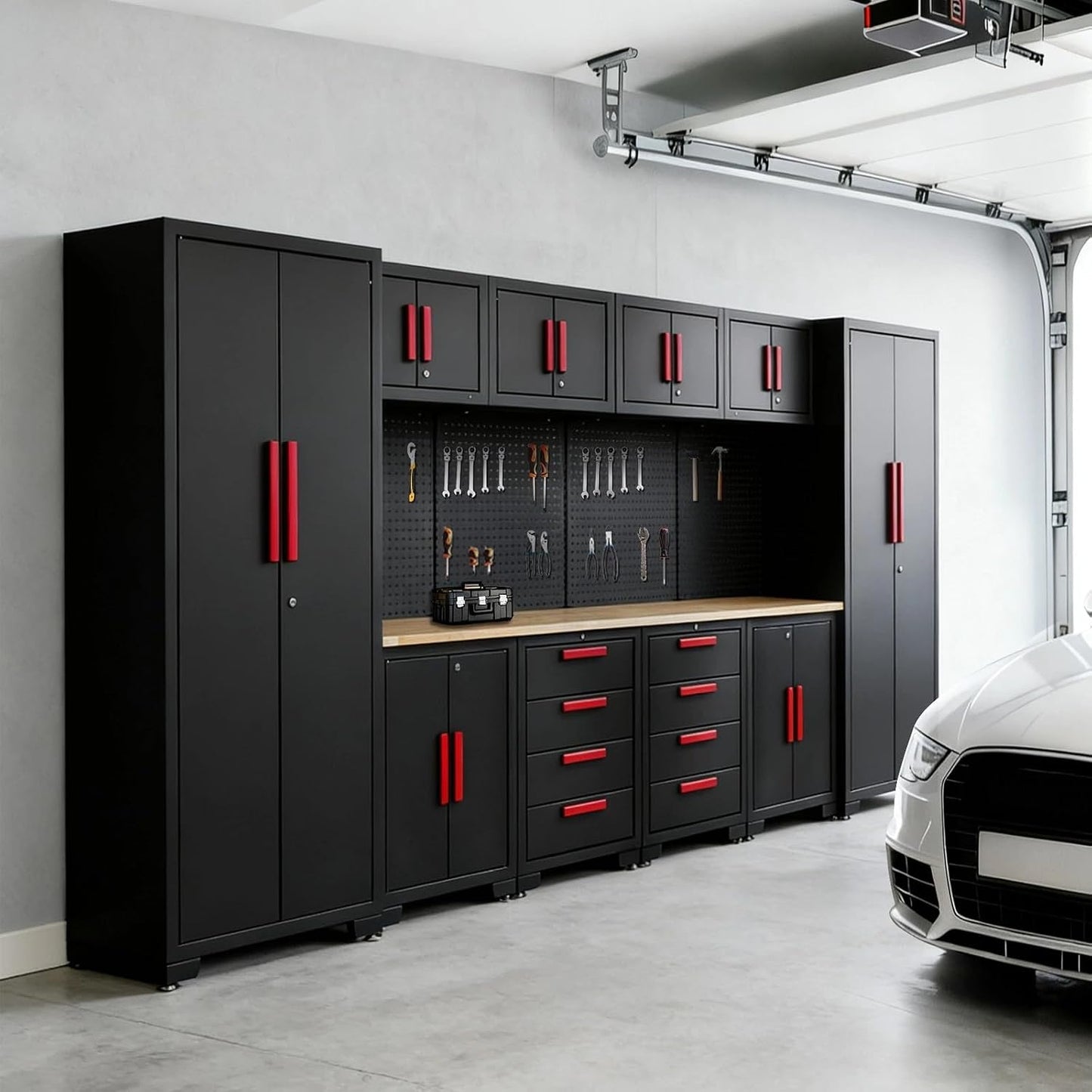 Garage Storage Cabinet System - 2 * 6-Pcs Workshop Set | with Steel Cabinet Drawers, Tool Chest, Workbench, Pegboard for Tool Organization