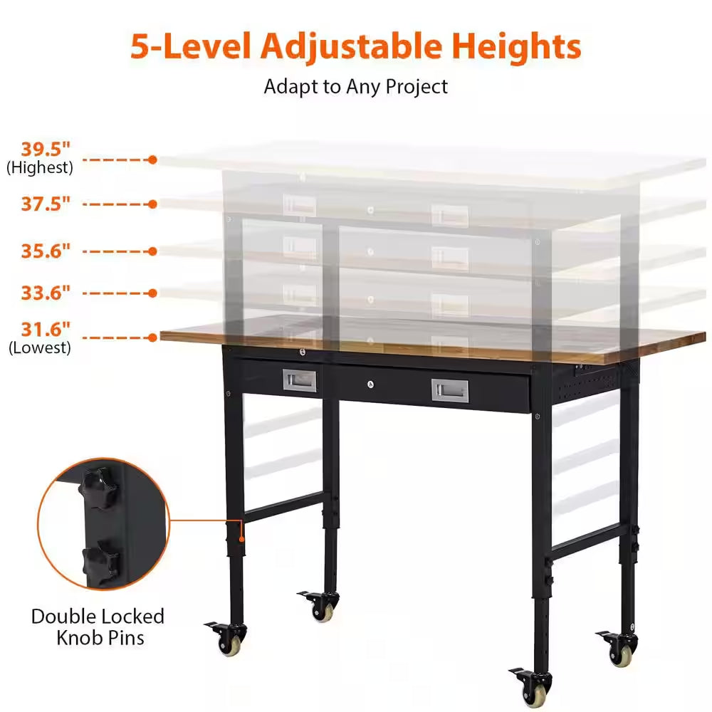 60 In. X 22 In. Workbench Drawer Storage, Adjustable Height Worktable for Garage, Rubber Wood Top Heavy Duty Workbench