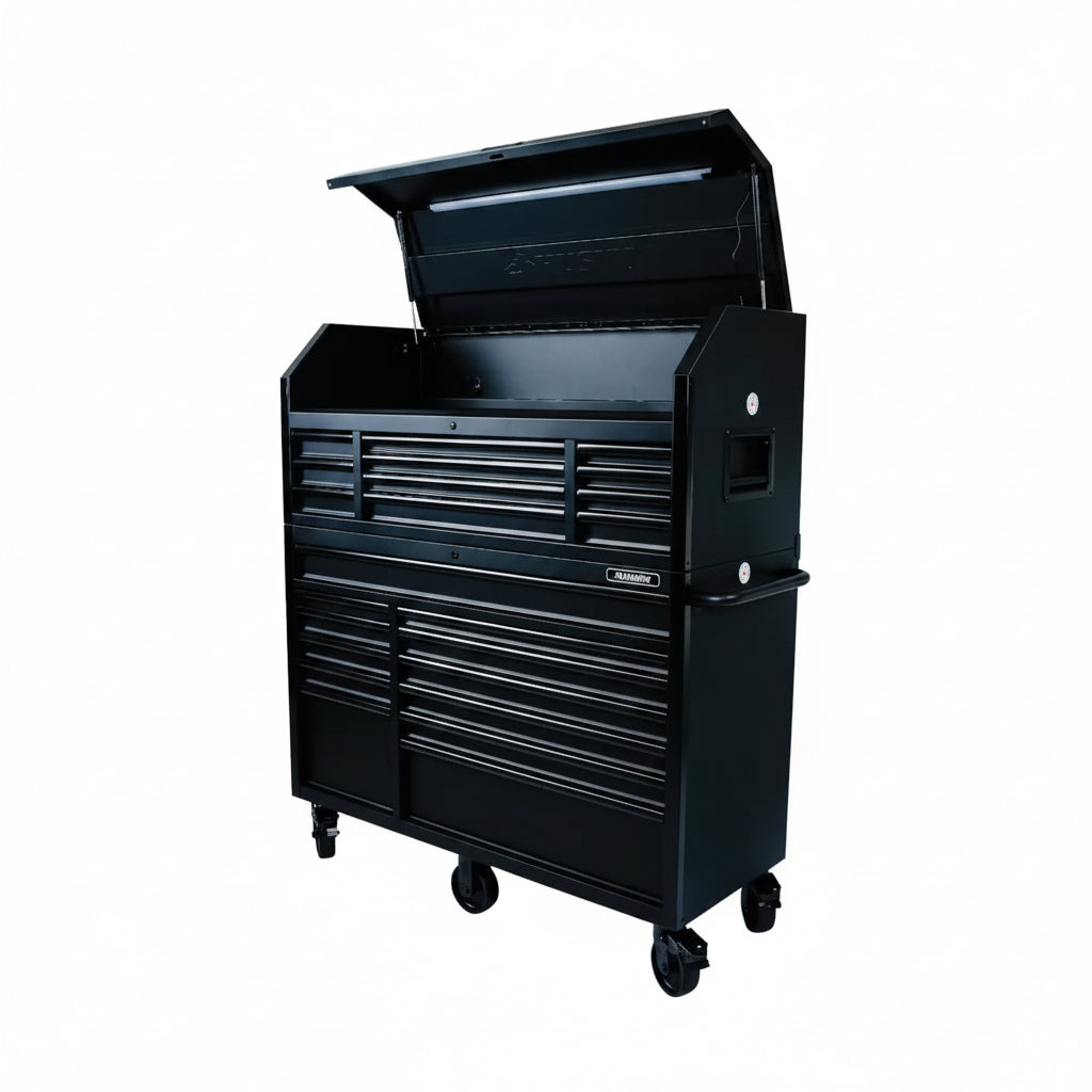 56 In. W X 22 In. D Heavy Duty 23-Drawer Combination Rolling Tool Chest and Top Tool Cabinet Set in Matte Black