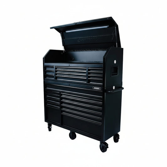 56 In. W X 22 In. D Heavy Duty 23-Drawer Combination Rolling Tool Chest and Top Tool Cabinet Set in Matte Black