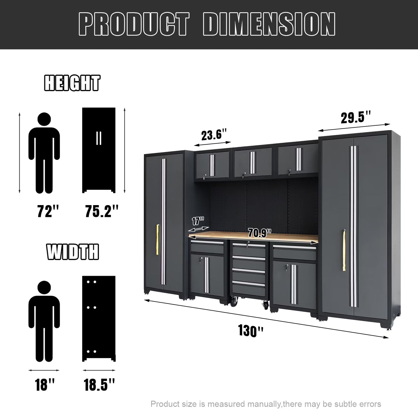 9-Piece Garage Shop Tool Storage Cabinet Set with Pegboard and Wooden Work Top 24 Gauge Steel Tool Chests & Garage Mounted Storage Systems - Black+Gray