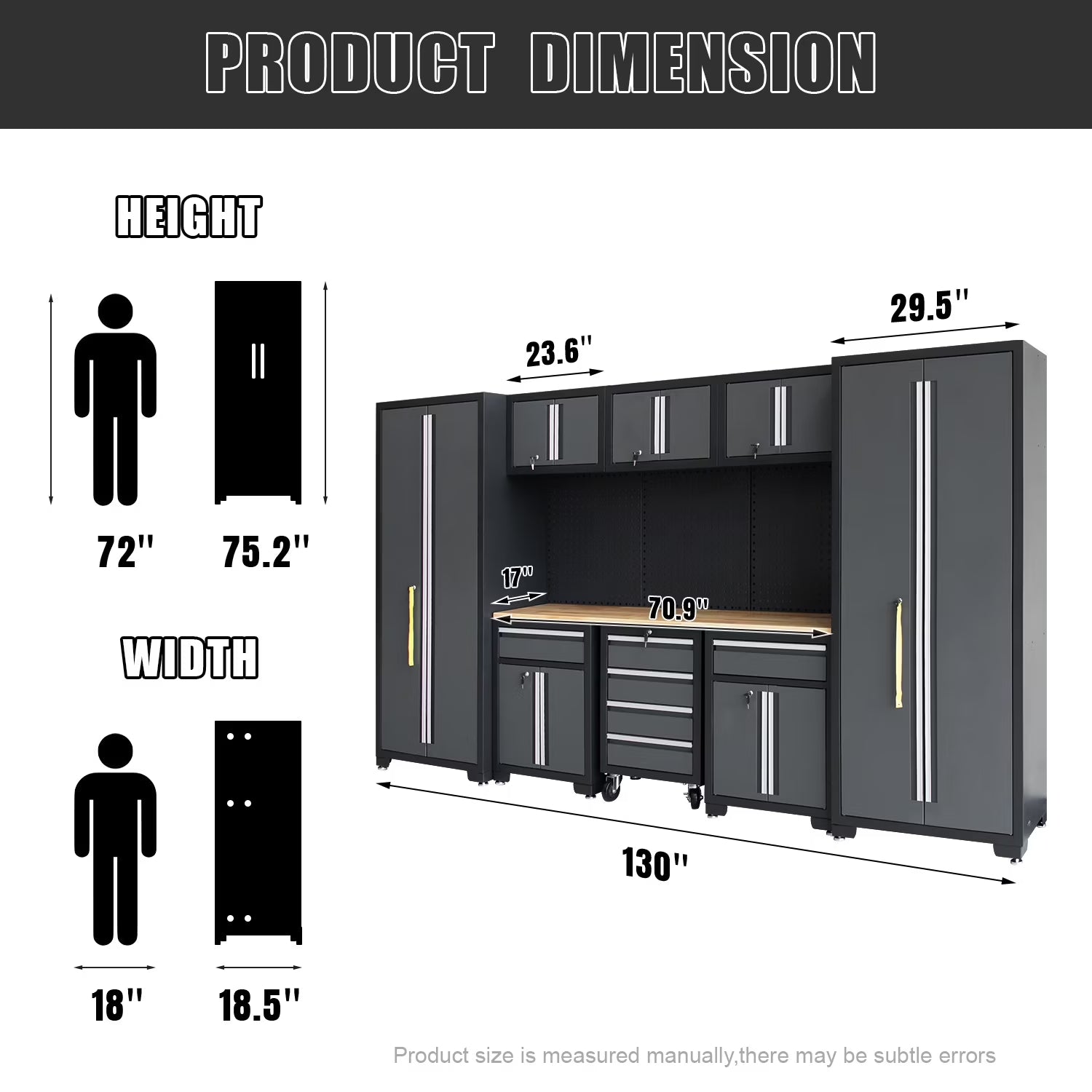 9-Piece Garage Shop Tool Storage Cabinet Set with Pegboard and Wooden Work Top 24 Gauge Steel Tool Chests & Garage Mounted Storage Systems - Black+Gray