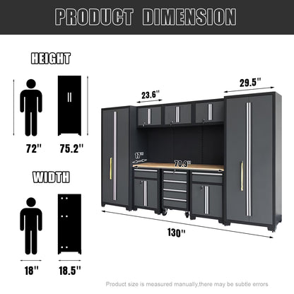 9-Piece Garage Shop Tool Storage Cabinet Set with Pegboard and Wooden Work Top 24 Gauge Steel Tool Chests & Garage Mounted Storage Systems - Black+Gray