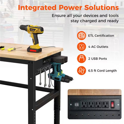 48 In. W X 24 In. D Adjustable Workbench with Solid Oak Wood Top