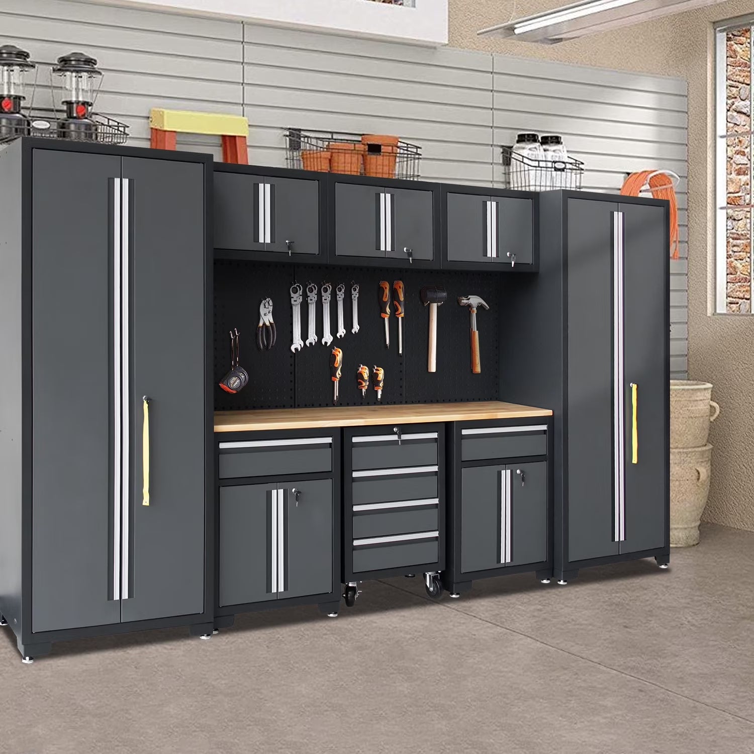 9-Piece Garage Shop Tool Storage Cabinet Set with Pegboard and Wooden Work Top 24 Gauge Steel Tool Chests & Garage Mounted Storage Systems - Black+Gray
