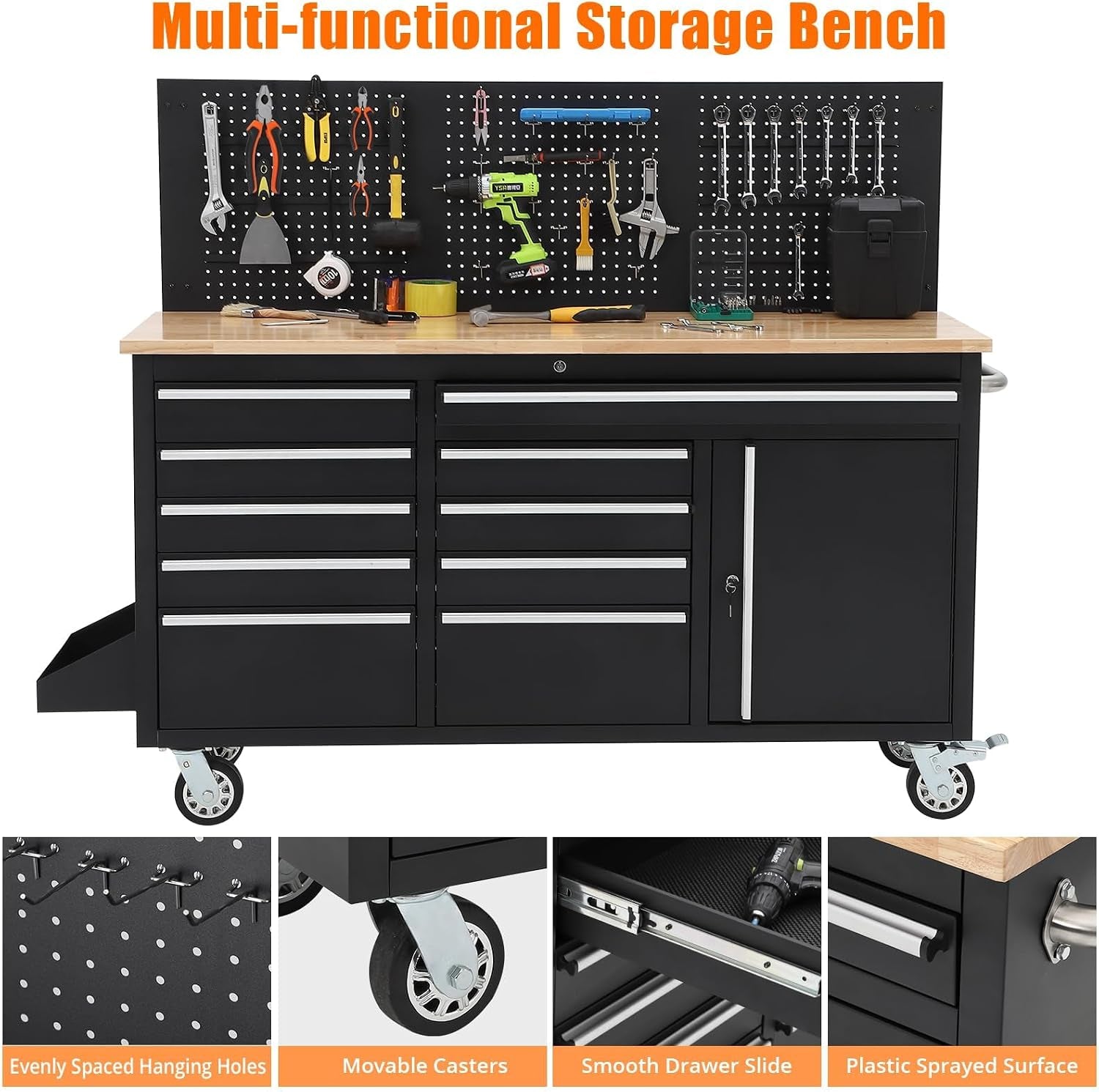61-Inch Heavy Duty Rolling Tool Chest with 10 Drawers and Solid Rubber Wood Top Mobile Workstation, 1675 LBS Load, Includes Power Strip, Locking System for Garage Warehouse Repair Shop