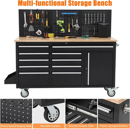 61-Inch Heavy Duty Rolling Tool Chest with 10 Drawers and Solid Rubber Wood Top Mobile Workstation, 1675 LBS Load, Includes Power Strip, Locking System for Garage Warehouse Repair Shop