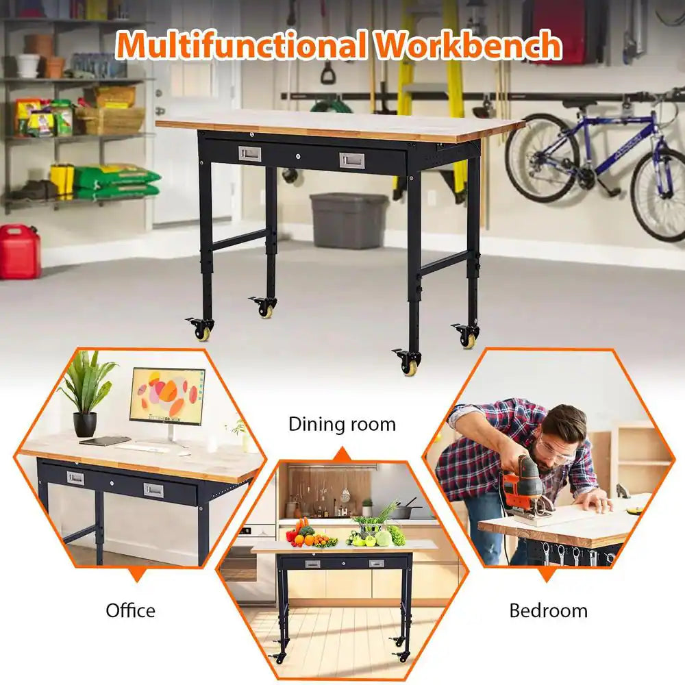 60 In. X 22 In. Workbench Drawer Storage, Adjustable Height Worktable for Garage, Rubber Wood Top Heavy Duty Workbench