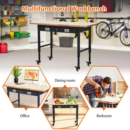60 In. X 22 In. Workbench Drawer Storage, Adjustable Height Worktable for Garage, Rubber Wood Top Heavy Duty Workbench