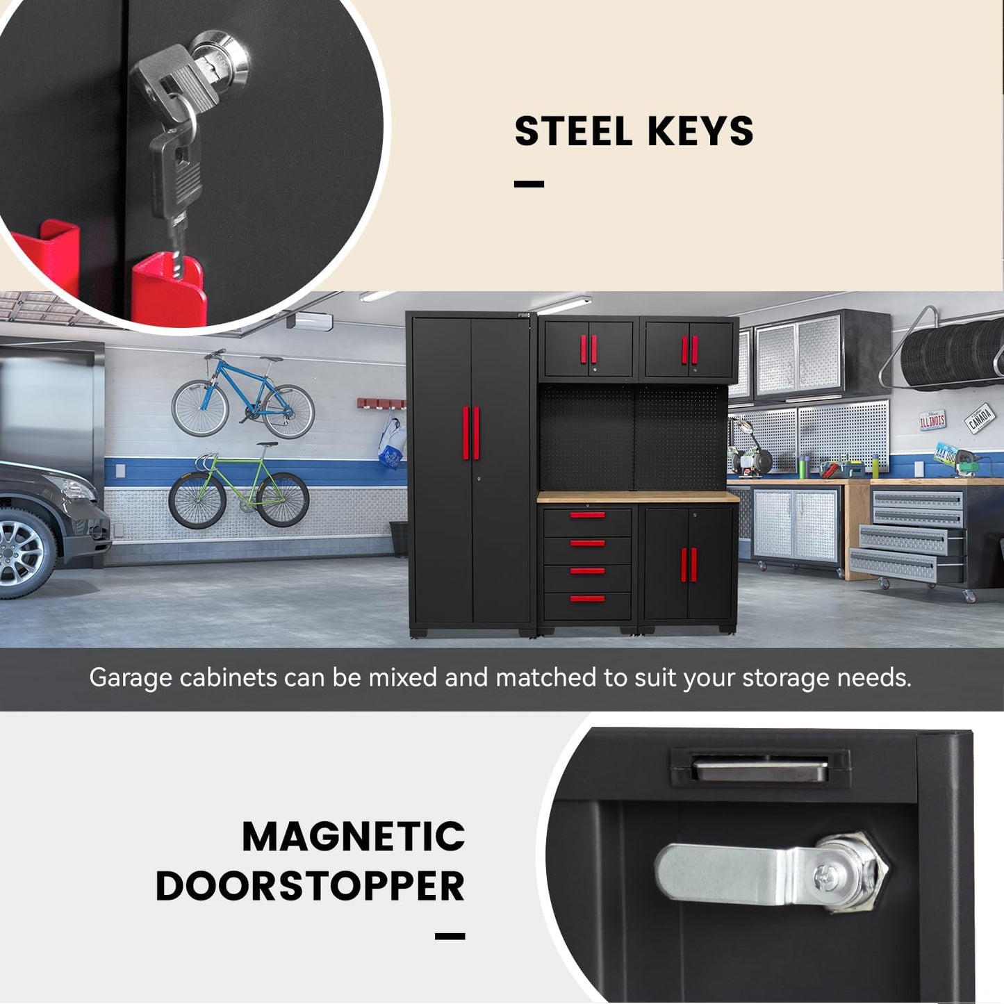 Garage Storage Cabinet System - 2 * 6-Pcs Workshop Set | with Steel Cabinet Drawers, Tool Chest, Workbench, Pegboard for Tool Organization