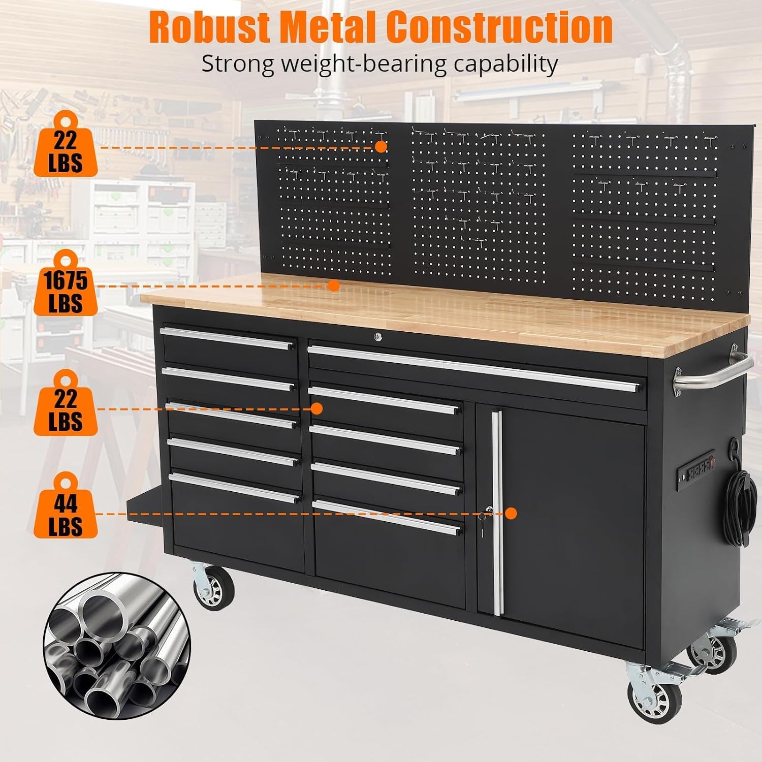 61-Inch Heavy Duty Rolling Tool Chest with 10 Drawers and Solid Rubber Wood Top Mobile Workstation, 1675 LBS Load, Includes Power Strip, Locking System for Garage Warehouse Repair Shop