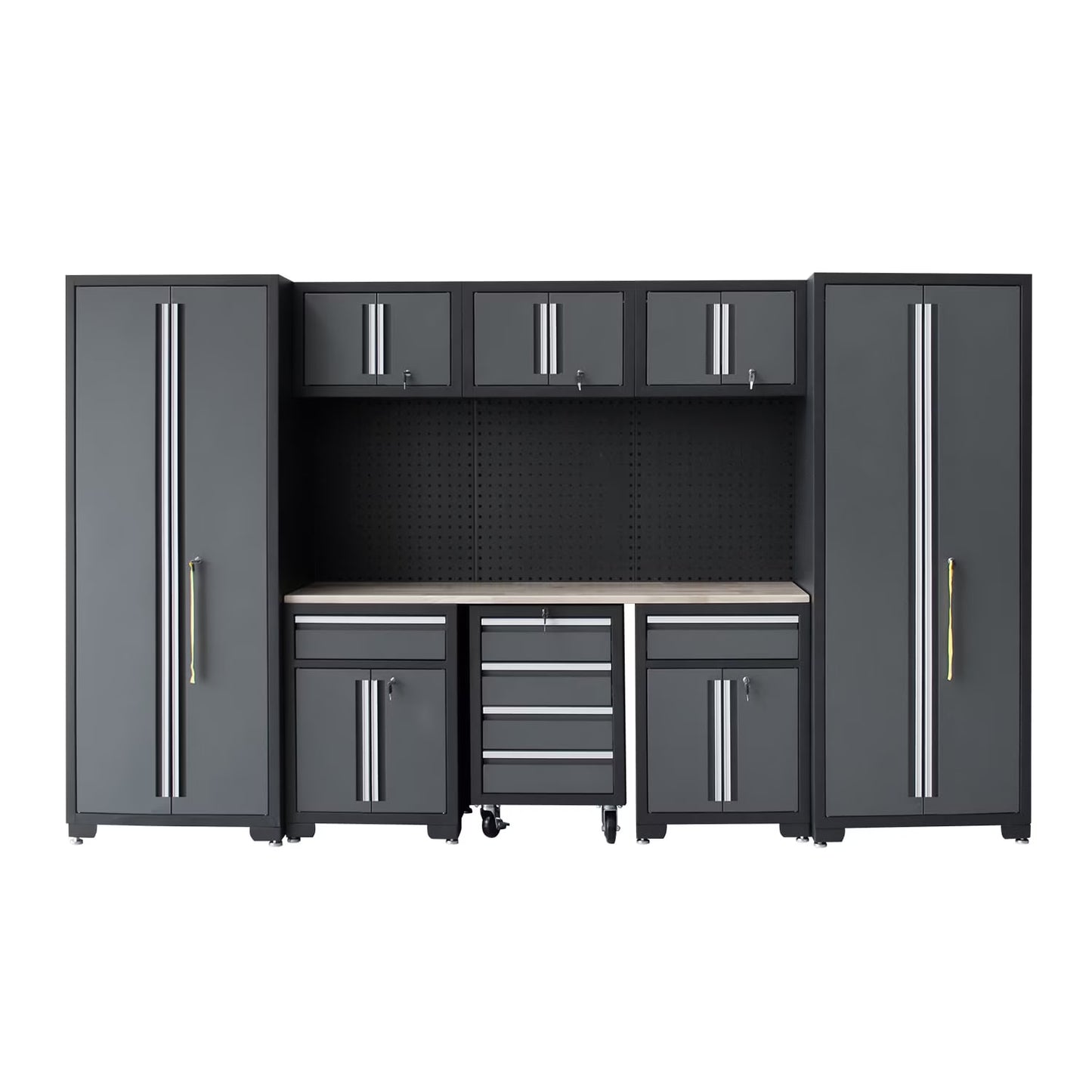 9-Piece Garage Shop Tool Storage Cabinet Set with Pegboard and Wooden Work Top 24 Gauge Steel Tool Chests & Garage Mounted Storage Systems - Black+Gray