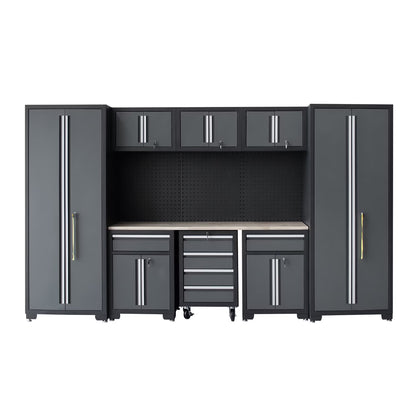 9-Piece Garage Shop Tool Storage Cabinet Set with Pegboard and Wooden Work Top 24 Gauge Steel Tool Chests & Garage Mounted Storage Systems - Black+Gray