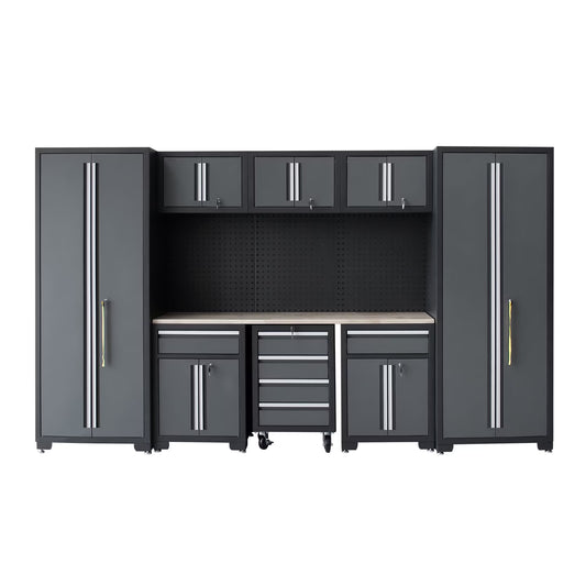 9-Piece Garage Shop Tool Storage Cabinet Set with Pegboard and Wooden Work Top 24 Gauge Steel Tool Chests & Garage Mounted Storage Systems - Black+Gray