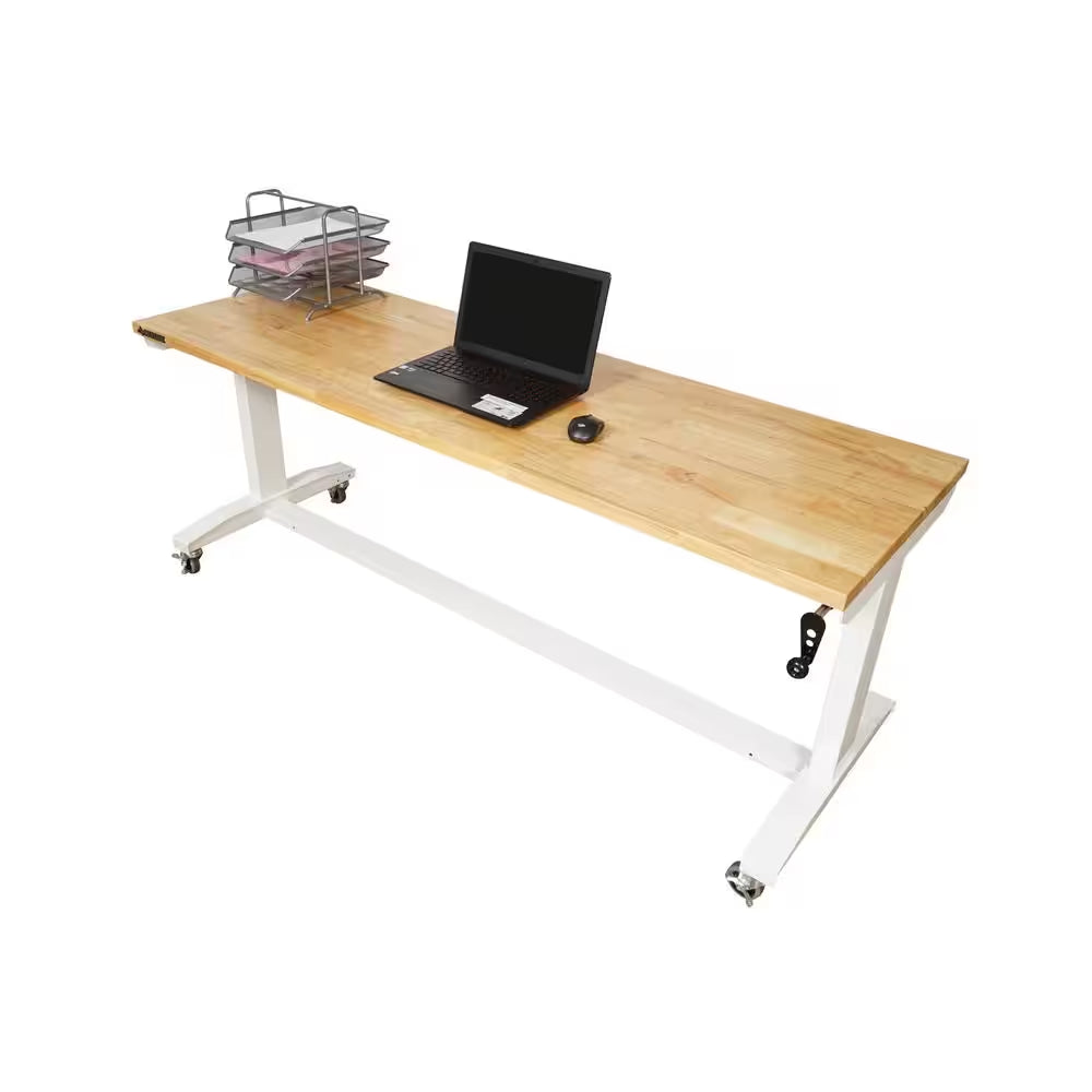 72 In. W X 24 In. D Adjustable Height White Workbench with Solid Wood Top
