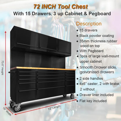 72 Inch 15 Drawers Tool Chest with 3 up Cabinet & Pegboard, Rolling Tool Cabinet with Drawers (Black)