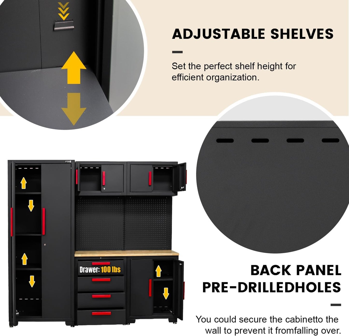 Garage Storage Cabinet System - 2 * 6-Pcs Workshop Set | with Steel Cabinet Drawers, Tool Chest, Workbench, Pegboard for Tool Organization