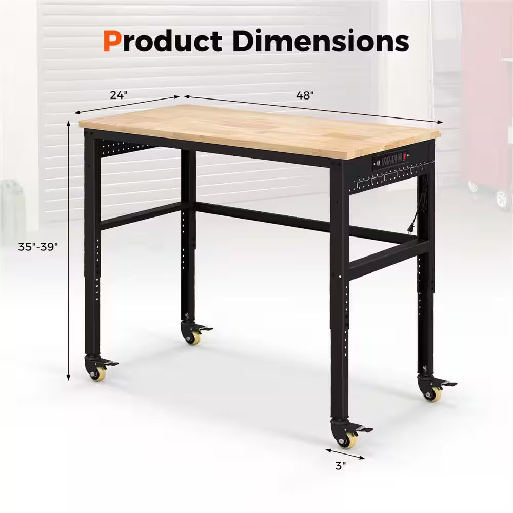 48 In. W X 24 In. D Adjustable Workbench with Solid Oak Wood Top