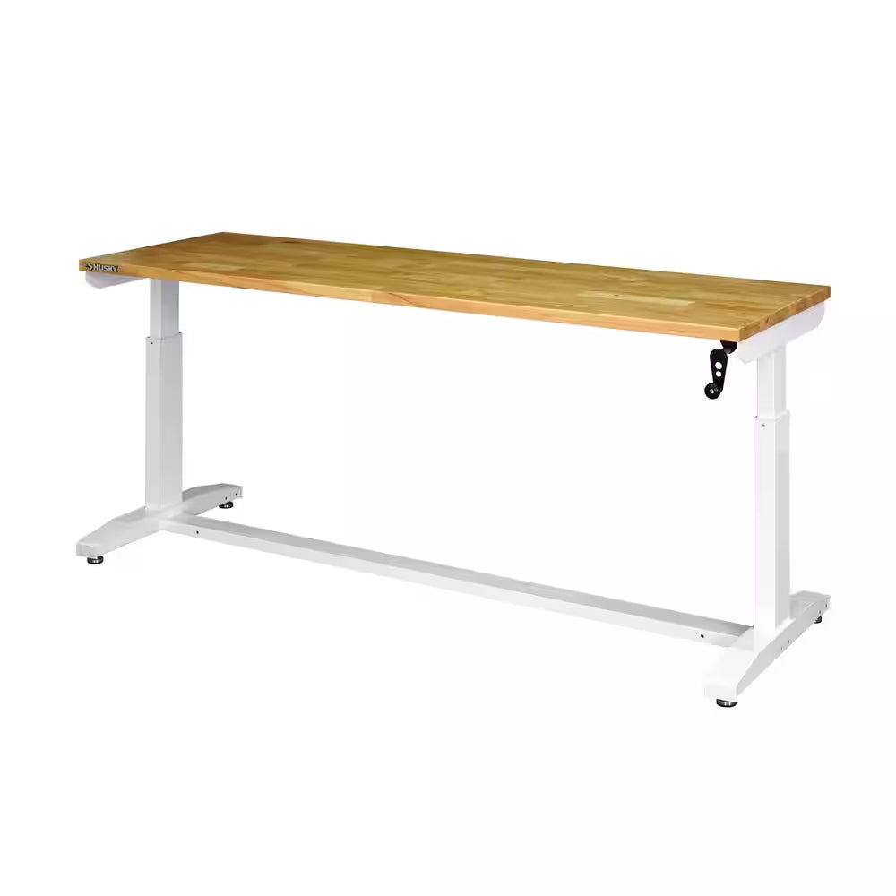 72 In. W X 24 In. D Adjustable Height White Workbench with Solid Wood Top