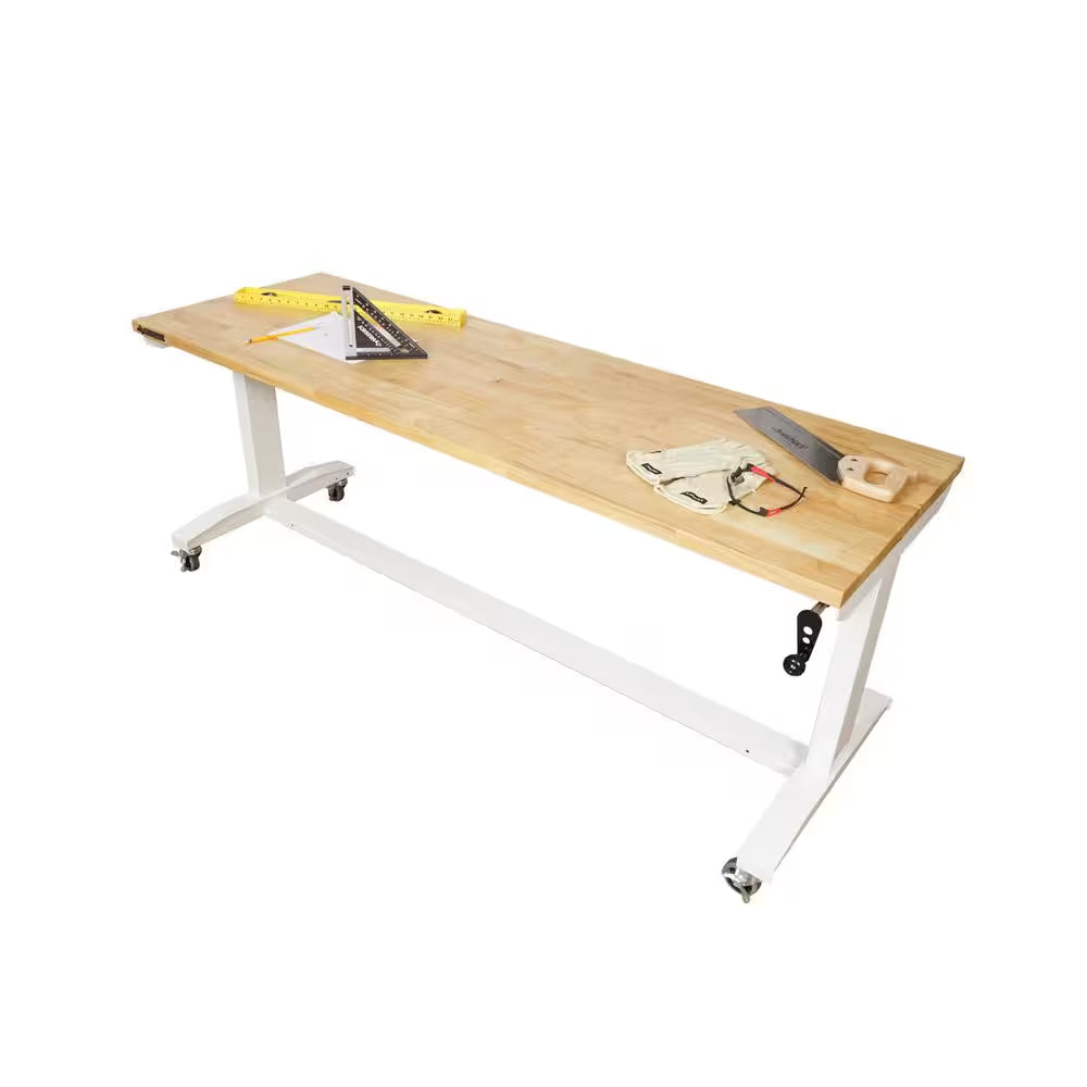 72 In. W X 24 In. D Adjustable Height White Workbench with Solid Wood Top