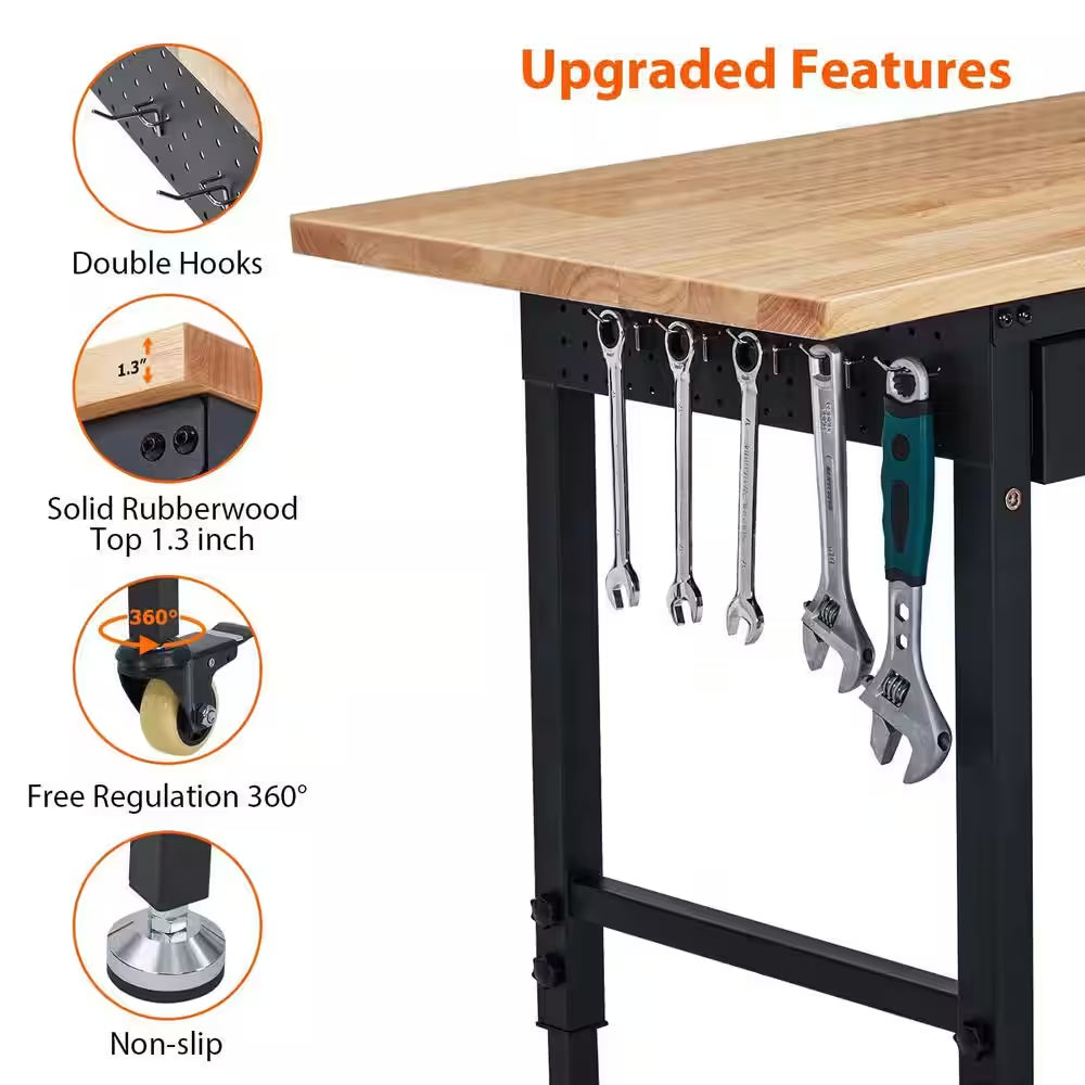 60 In. X 22 In. Workbench Drawer Storage, Adjustable Height Worktable for Garage, Rubber Wood Top Heavy Duty Workbench