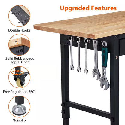 60 In. X 22 In. Workbench Drawer Storage, Adjustable Height Worktable for Garage, Rubber Wood Top Heavy Duty Workbench