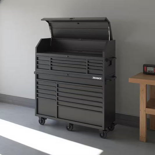 56 In. W X 22 In. D Heavy Duty 23-Drawer Combination Rolling Tool Chest and Top Tool Cabinet Set in Matte Black
