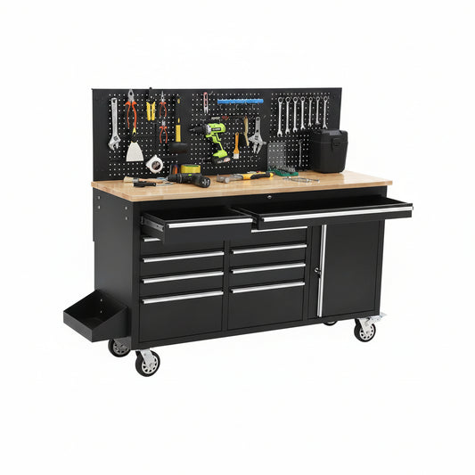 61-Inch Heavy Duty Rolling Tool Chest with 10 Drawers and Solid Rubber Wood Top Mobile Workstation, 1675 LBS Load, Includes Power Strip, Locking System for Garage Warehouse Repair Shop