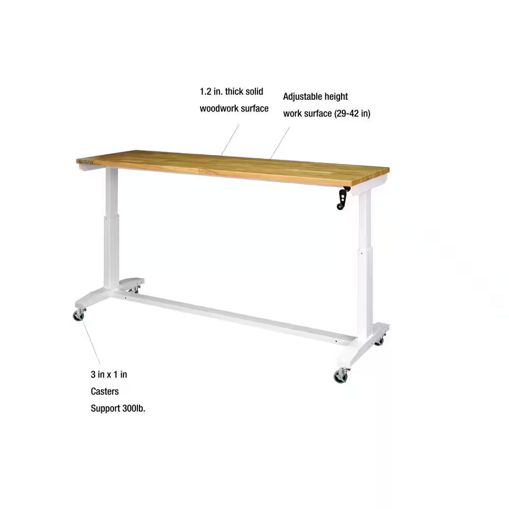 72 In. W X 24 In. D Adjustable Height White Workbench with Solid Wood Top